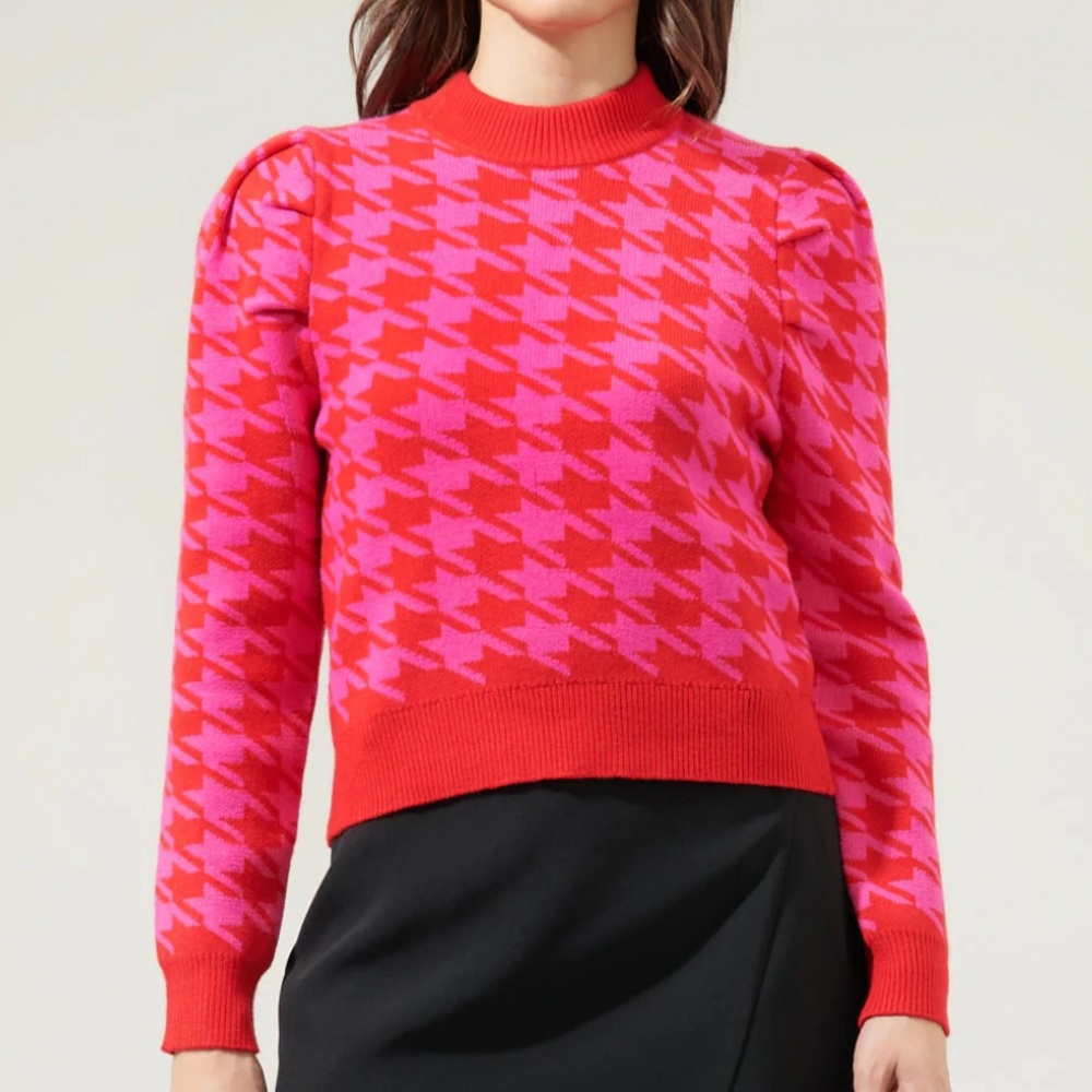 Sugarlips Pink and Red Houndstooth Sweater *Holiday*
